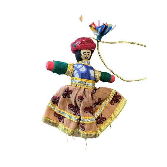 Handcrafted Multicolored Ethnic Doll Ornament w/Embroidered Dress & Gold Ribbon - Picture 1 of 3